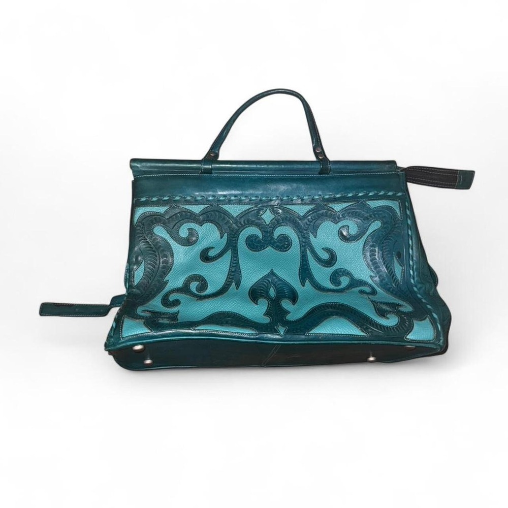 Leaders in Leather Hand Tooled Cutout Tooled Teal Green Tooled Weekender - Picture 2 of 8